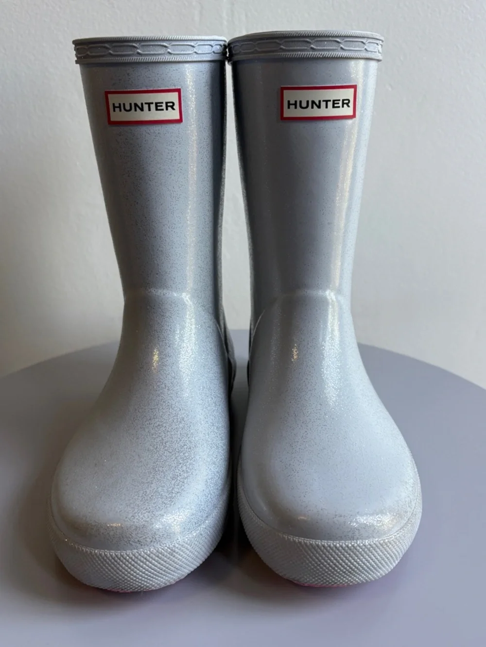 Hunter Rain Boots, Sparkly Silver w Pink Soles. Size 13. Like New